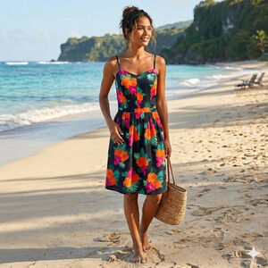Gap Fit Flare Cami Dress Tropical Floral Tank Navy Size 12 Smocked Sundress Knee